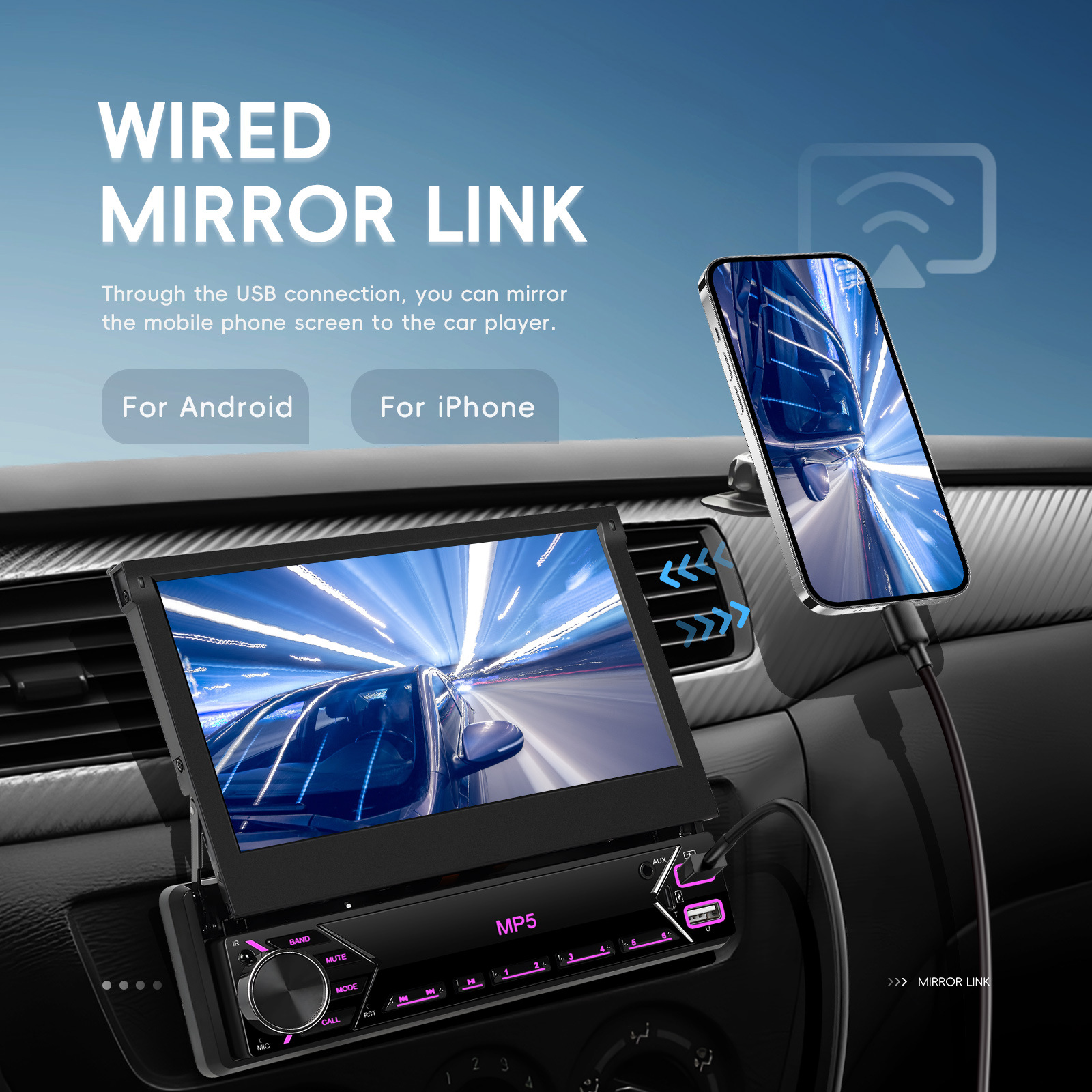 7 inch Android 10.0 Automatic Telescopic Car Multimedia Player 2GB +32G Carplay Car Radio Universal Car Stereo With GPS Navigation FM AM Rearview Came