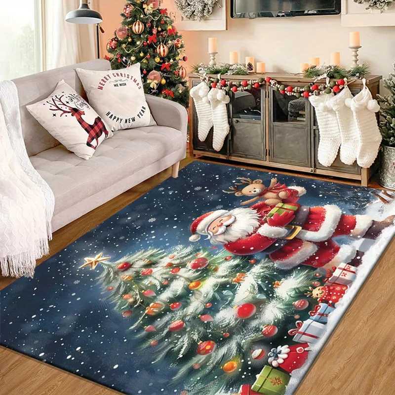 Christmas Santa Claus Rug with Reindeer and Tree Design - Festive Holiday Living Room Carpet Seasonal DecorationM251117