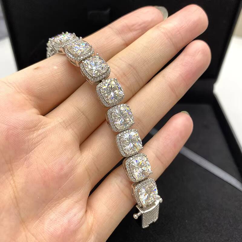 Men Luxury Design 10mm Cushion Shape Diamond Tennis Link Real 18k Gold Plated Silver 925 Moissanite Cluster Diamond Tennis Chain