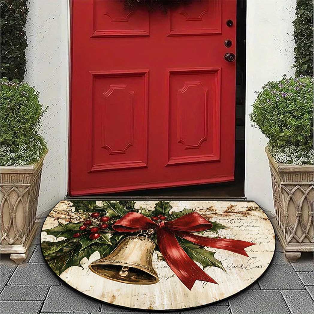 VIKAMA Christmas Bells With Holly Leaves Print Carpet Bathroom Entrance Hall Welcome Mat Home Decor Non-Slip And Dirt-ProofM251117