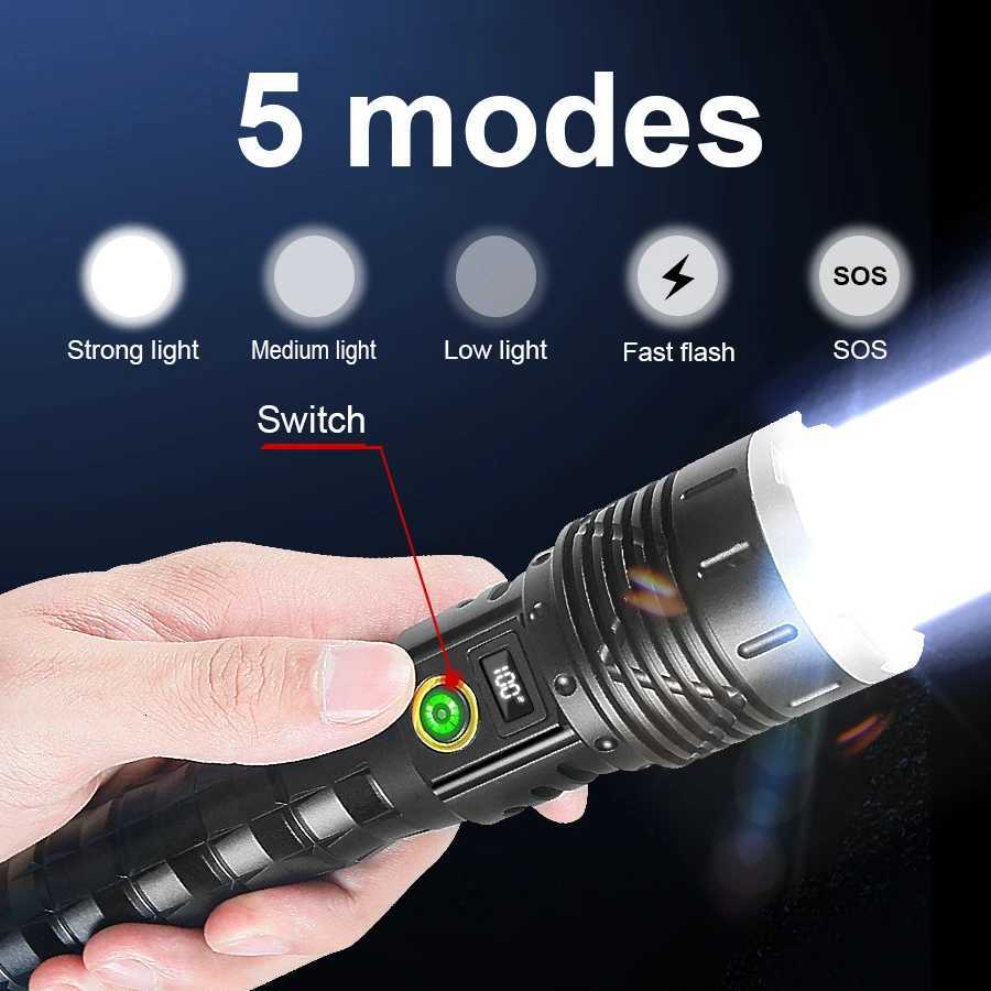 1000000lm Most Powerful Led Flashlight Rechargeable Type-c Flashlight Long Range 2000m Tactical Torch Light For Fishing Hunting M251117
