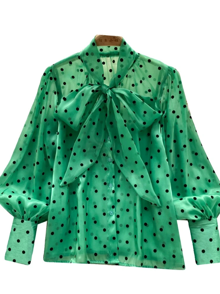 2025 Womens Vintage Festival Polka Dots Single Breasted Shirt Elegant Sweet Bow Long Sleeve Loose Office Ladies Blouses Tops 250417