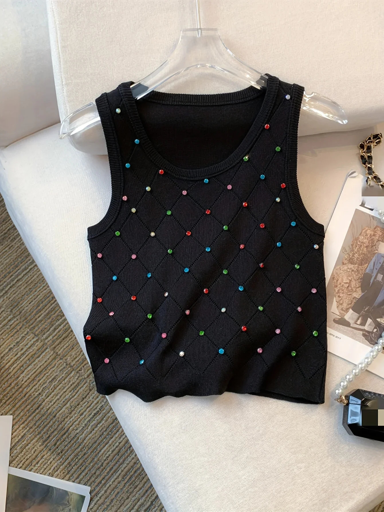 Colorful Rhinestone Knitted Tank Top Casual Crew Neck Sleeveless Tank Top For Summer Womens Clothing Crop Top Camis 250417