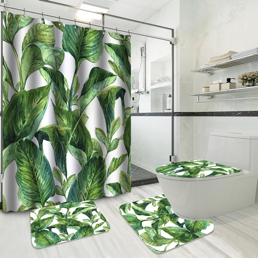 YL-37733 Hot Selling Shower Curtain 4-Piece Set, Green Plant Series, Waterproof and Mildew-Proof Shower Curtain, No Drilling Required