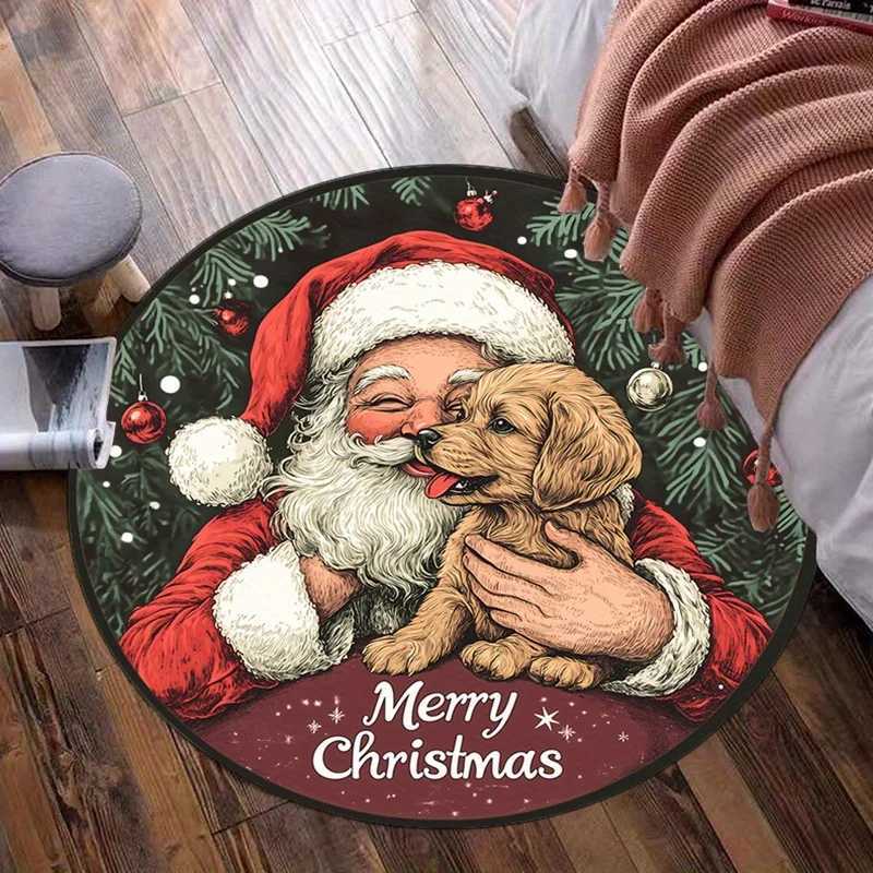 Santa Claus Hugging Dog Christmas Round Rug Crystal Velvet Floor Mat Holiday Decoration Xmas Gift Home Interior CarpetM251117