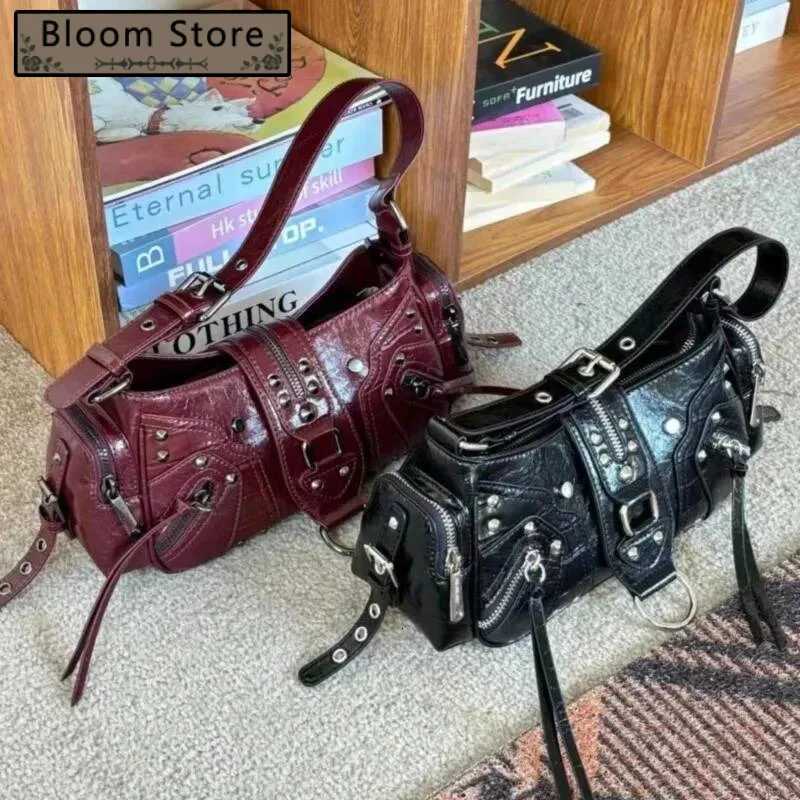 Bloom Vintage Black Y2k Shoulder Bags Women Sweet Cool Hot Girls Rivet Pu Leather Handbag Ladies Moto Biker Underarm Bag ChicW251115