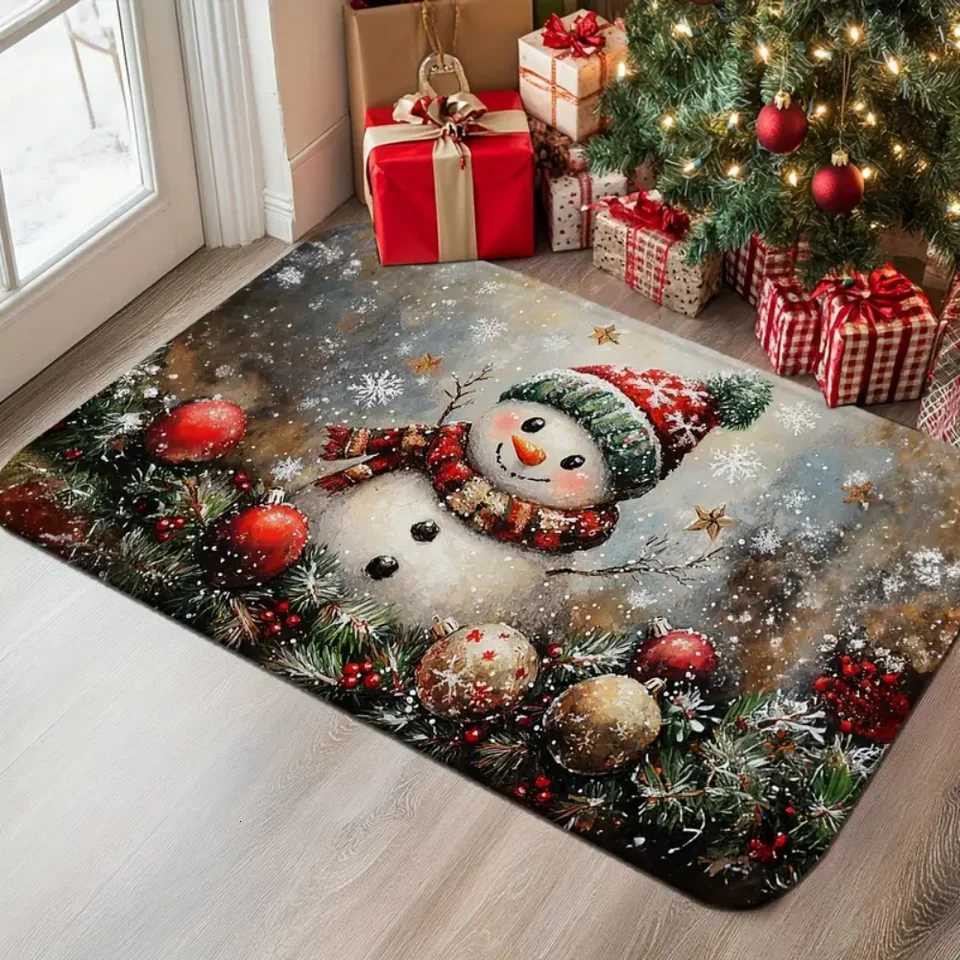VIKAMA 1PC/2PC Christmas Doormat Snowman Holly Berries Festive Holiday Entrance Mat with Snowflakes Machine WashableM251117