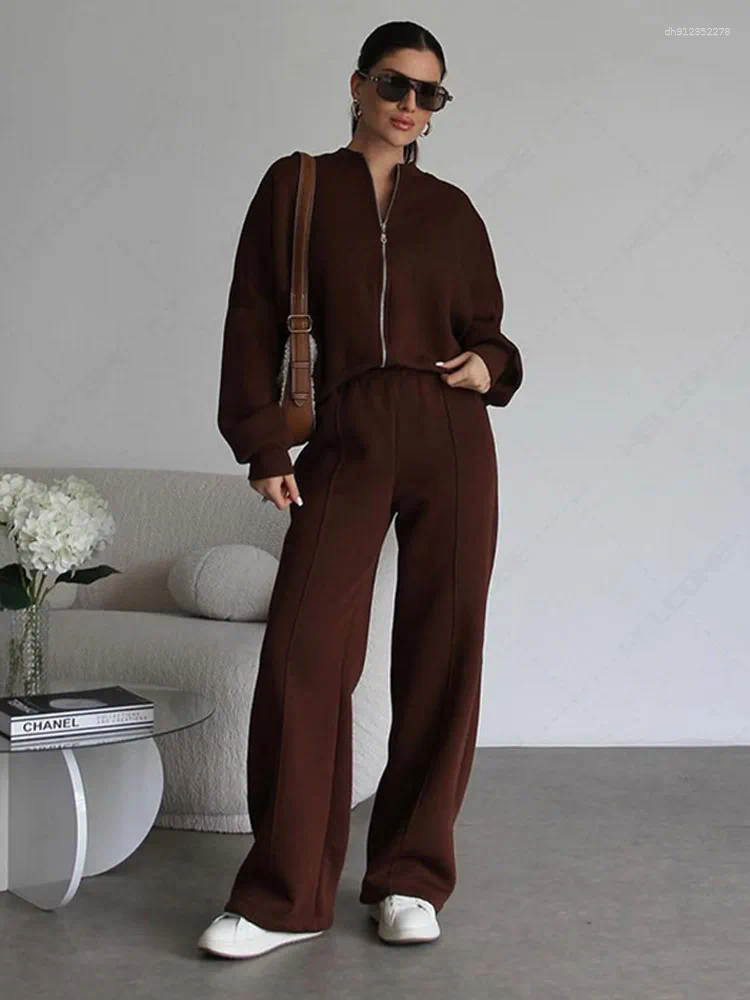 Women's Tracksuits Women Sweatsuit Set Vintage O-neck Zipper Bomber Jackets High Waist Loose Pants Suit Female 2025 Spring Fashion Lady