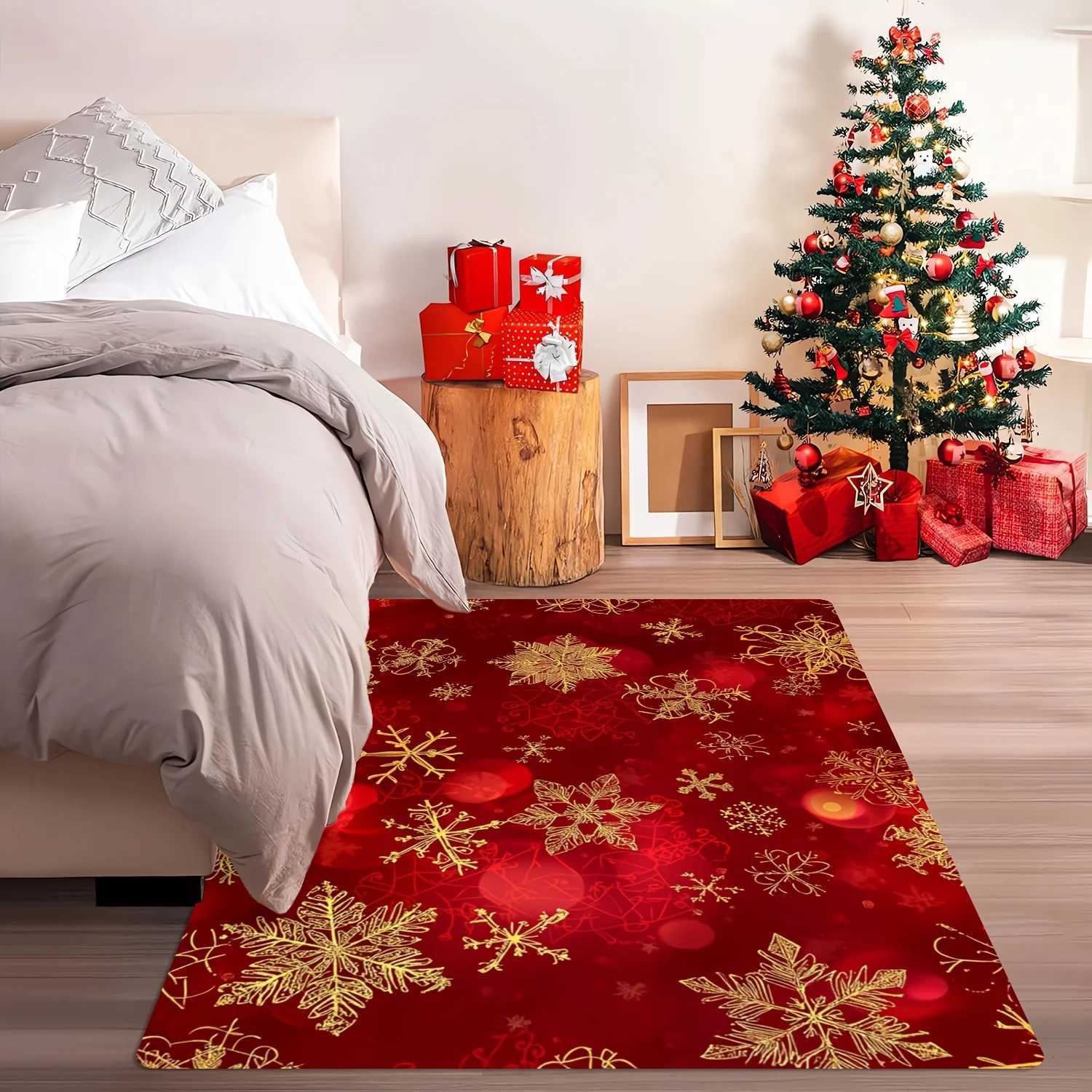 Golden Snowflake Christmas Area Rug - Featuring Red and Gold Design for Living Room Bedroom or EntrywayChristmas DecorationsM251117