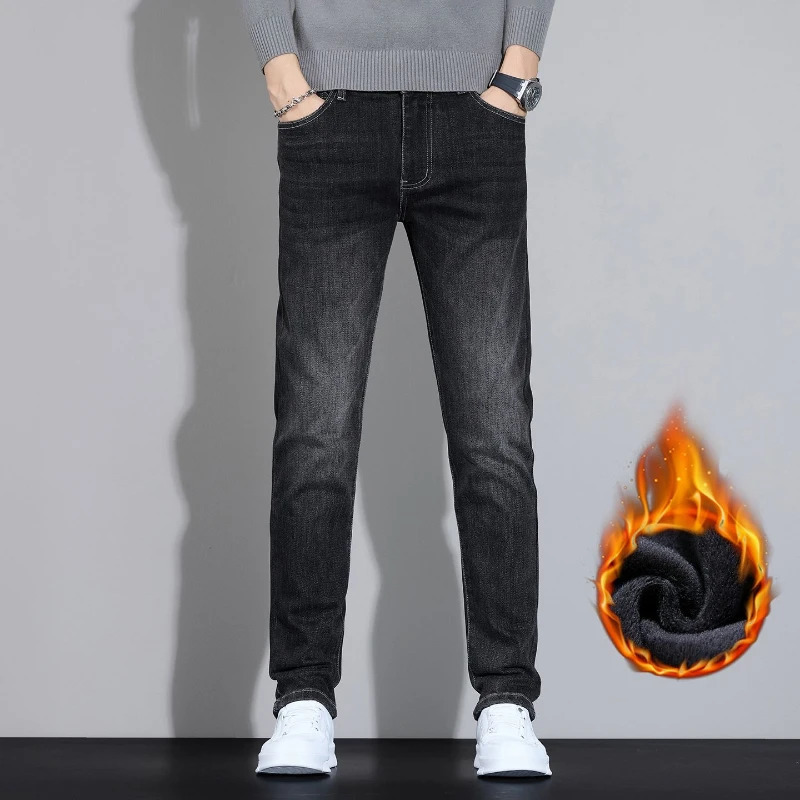 Mens Winter Fleece Thick Velvet Jeans Elastic Warm Slim Fit American Pants Comfortable Fashion Denim Simple Casual Trousers 251114