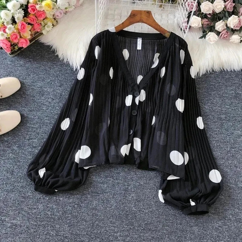 Polka Dot Casual V-Neck Chiffon Single Breasted Lantern Sleeve Folds Womens Blouse Shirt Female Clothing Tops Fashion 250417