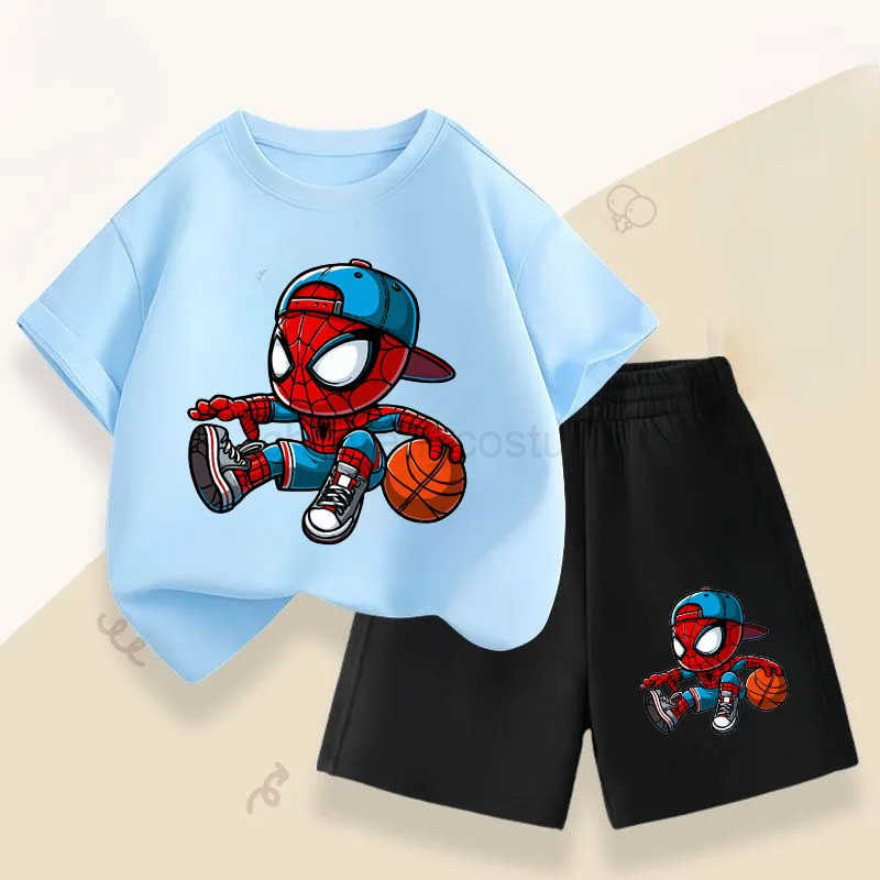 Disney Summer Boys Breathable T Shirt Shorts Two Piece Set Disney Anime Spiderman Kids Casual Outfits Child Short Sleeved Top Suit W20250417