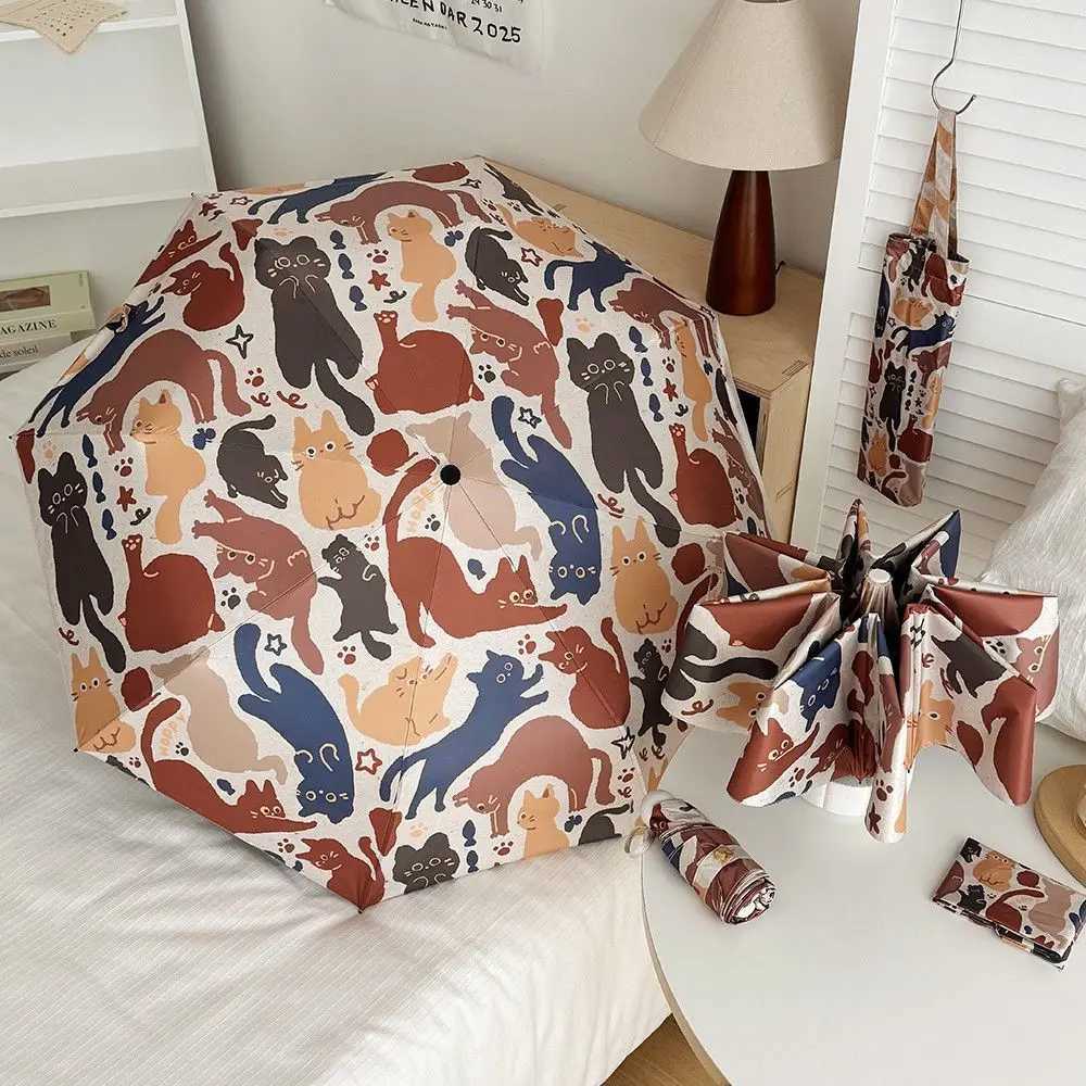Modern Abstract Cat Printed Auto Umbrella - 3-Fold Portable Design Thick Black Lining Blocks 99 UV Artistic Durable 8 Ribs C251117
