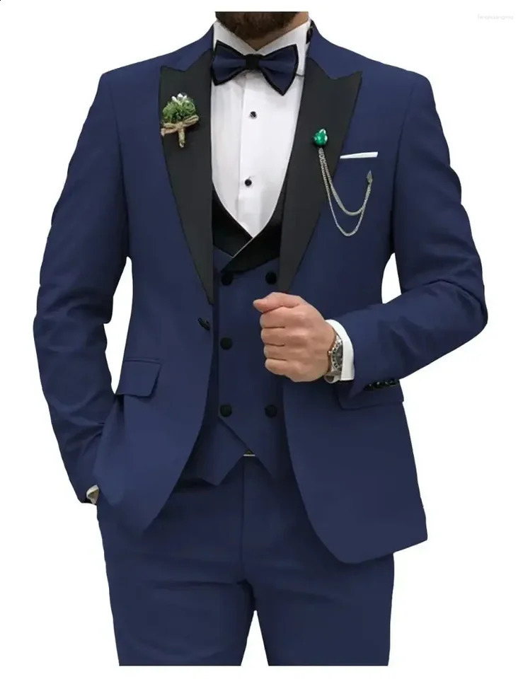3 Pieces Mens Suits Royal Blue Men Slim Fit Double Breasted Suit Wedding Prom Party BusinessBlazer Vest Pants 250415
