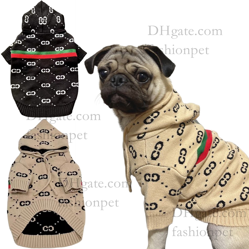Designer Pet Hoodie with Monogram Pattern, Fashion Warm Knitted Dog Sweater in Multi-Colors, Soft Hooded Pet Apparel for Small Medium Dogs, with Striped Detail A828