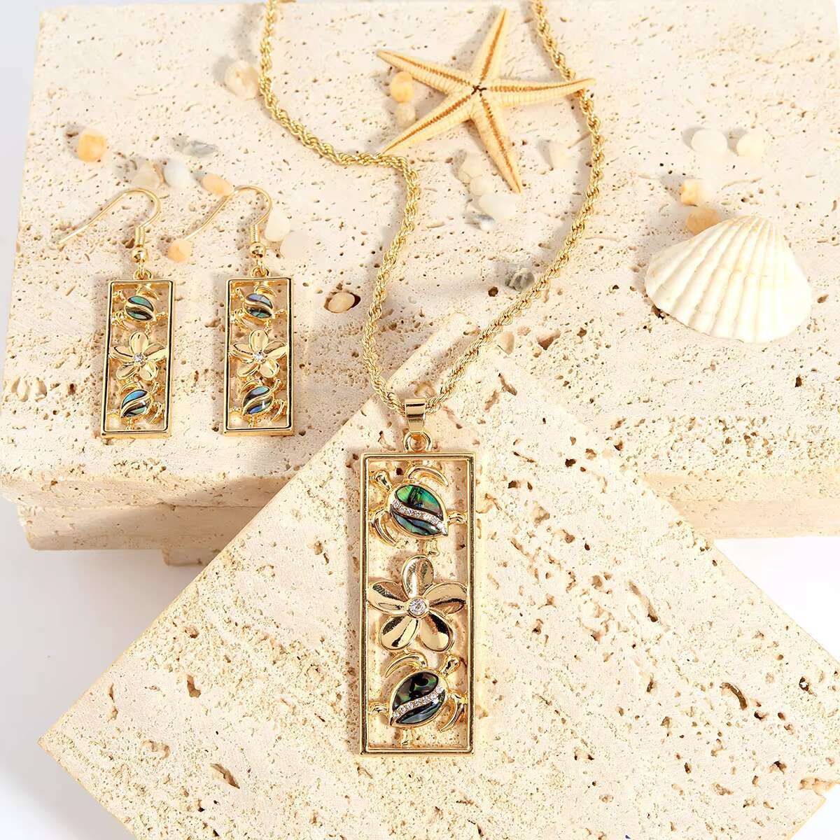Hawaiian Samoa Bohemian style jewelry turtle design rectangular pendant necklace earring set for women