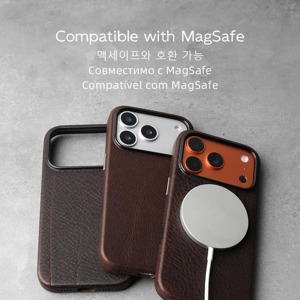 YMW Scratc Crazy Horse Genuine Leather Case for iPhone 17 16 15 14 Pro Max Magnetic PULL-UP Cowhide Phone Cover J251202