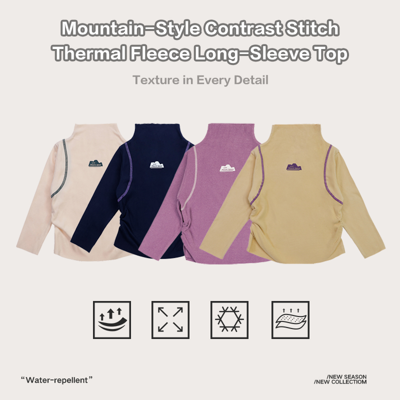 Mountain-Style Contrast Stitch Thermal Fleece Mock Neck Long-Sleeve Top, Wear-Resistant Lightweight Breathable Soft Outdoor Hiking Sweatshirt 25AG1135