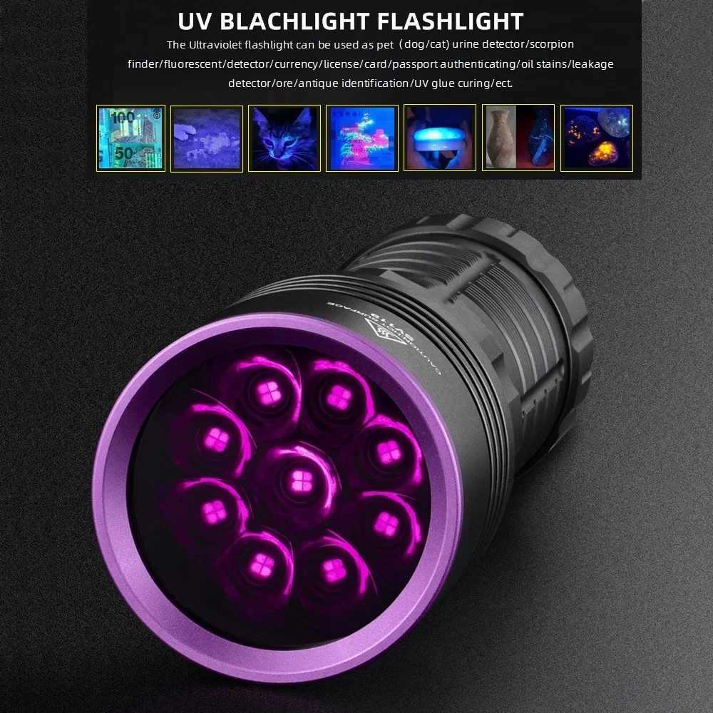 365nm Ultraviolet Black Mirror Purple Light 180W High Power 9LED UV Flashlight Pet Urine Tinea Ore Ink Dryer Fluorescer Detector M251117