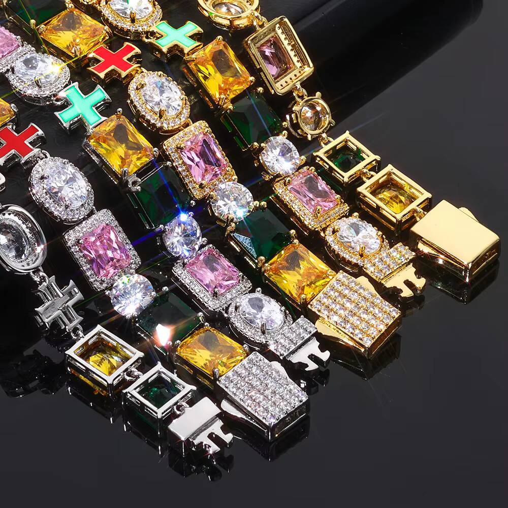 NUOYA Geometric Gemstone Bracelet 10mm Oil Drop Cross Chain Multi Color Enamel Iced Out Zircon Bling Hip Hop Jewelry
