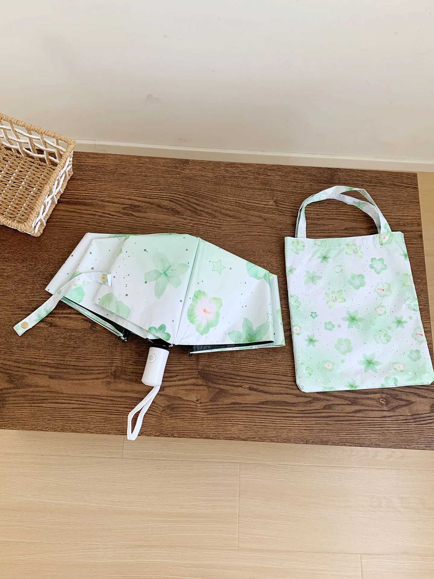 1Pc New Womens 70 off-Rib Umbrella Dual-Use for Sun and Rain Green Painted Theme Design Lightweight Suitable for Shopping Outdoor Sunshade Surprise Gi