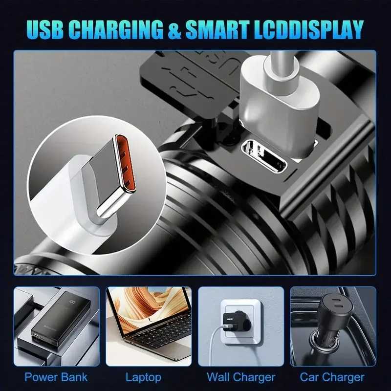 Powerful Flashlights Type C Rechargeable Zoom Torch Light High Power LED Flashlight Built-in Battery For Camping Emergency Lamp M251117