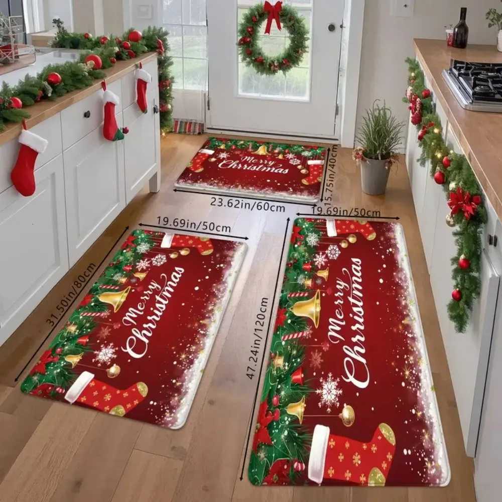 1 Pc Christmas Decorative Doormat Red Christmas Tree Bell Pattern Soft Entry Mat For Bathroom And Kitchen Pvc Backing Non-SlipM251117