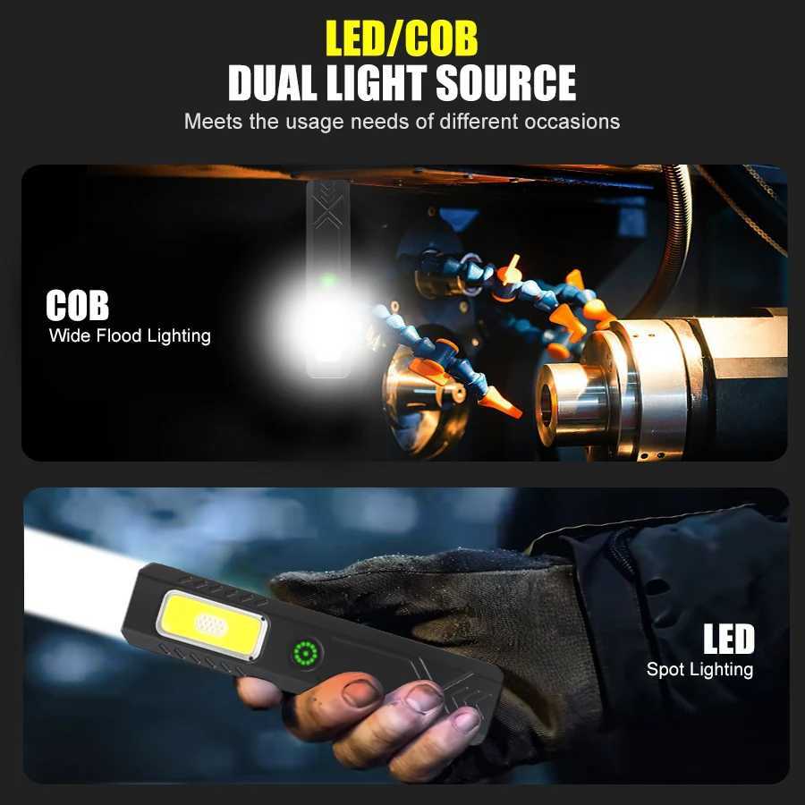 Portable RechargeableLED COB Dual Light Source Handheld Flashlights With 6 Lighting Modes/Magnet Mini Clip Flood Work Light M251117
