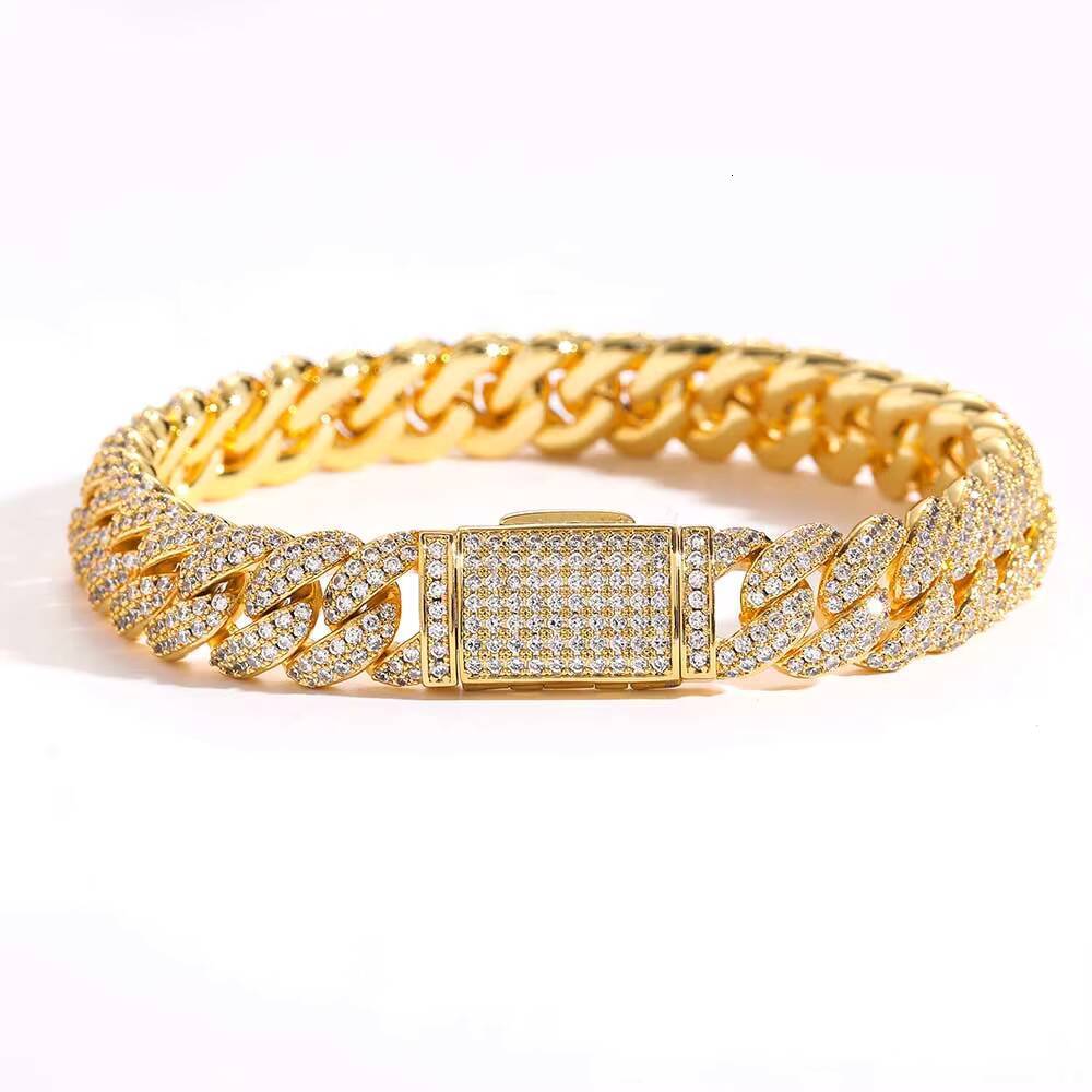 Moissanite 10mm Cuban Link Chain Bracelet Hip Hop Jewelry 18K Gold Plated Brass Two Row Zircon Crystal Iced Cuban Bracelet