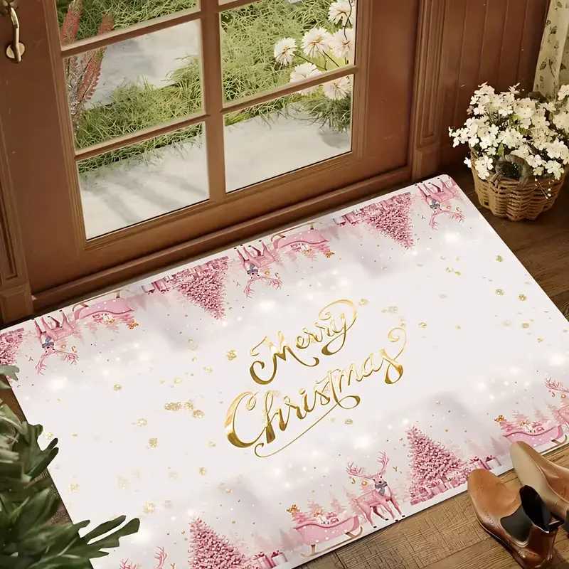 VIKAMA Pink Christmas Doormat - Minimalist Anti-Slip Snowflake Design Suitable for Indoor/Outdoor Entryway Bathroom DecorM251117