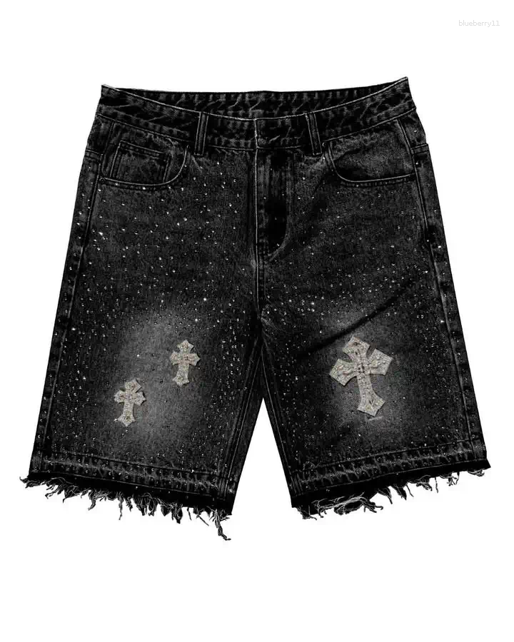 Men's Shorts Denim Y2K Jeans Mens Womens Vintage Cross Rhinestone Harajuku Hip Hop Retro Black Baggy