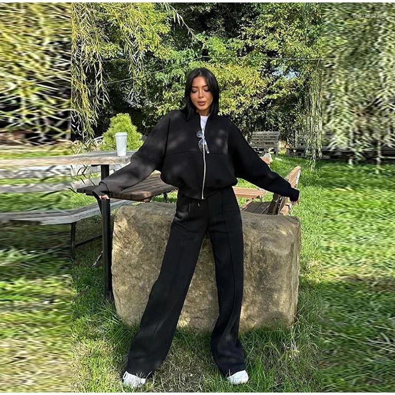 Women's Tracksuits Women Sweatsuit Set Vintage O-neck Zipper Bomber Jackets High Waist Loose Pants Suit Female 2025 Spring Fashion Lady