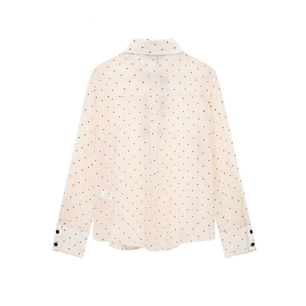 TRAF 2025 Womens Blouses in White Black and Beige Colors with Polka Dot Patterns Black Bow Details Long Sleeves and Collars 250417