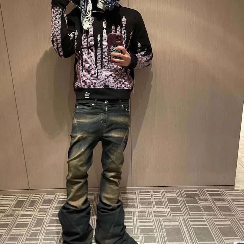 RO Ribbons Contrast Color Washed Micro Flared Jeans For Men Straight Casual Baggy Denim Trousers Ropa Hombre Loose Cargo Pants