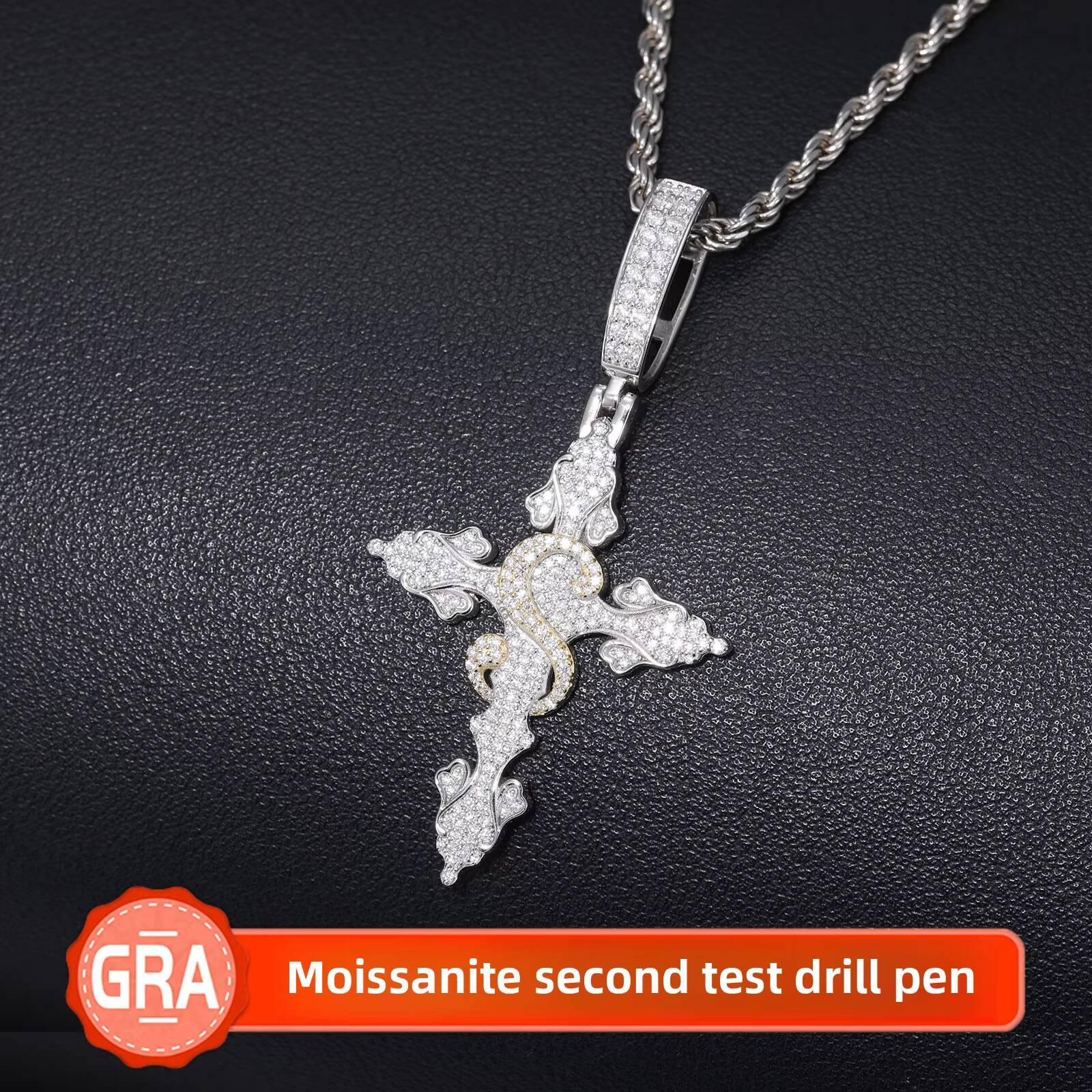 S925 Silver Moissanite Cross Pendant New European American Trendy Hip Hop Classic Two Color Electroplated