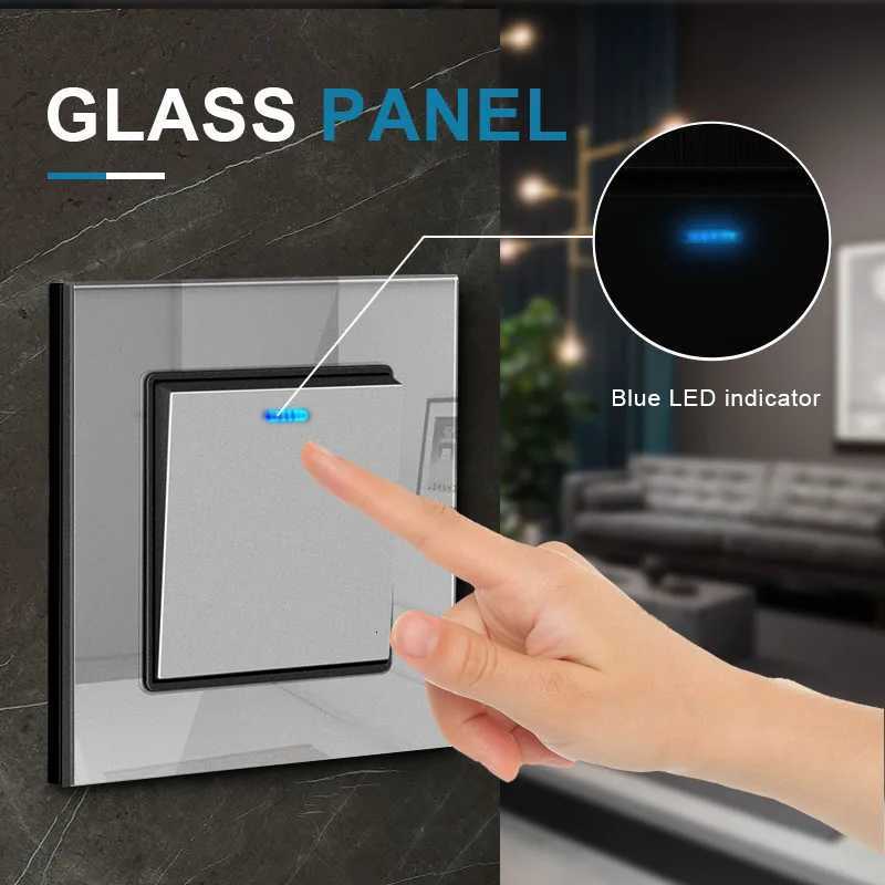 NYWP Luxury Crystal Tempered Glass Panel 1 Gang 2 Way Light Switch On / Off Wall Switch With LED Indicator 16A AC 250VW251117