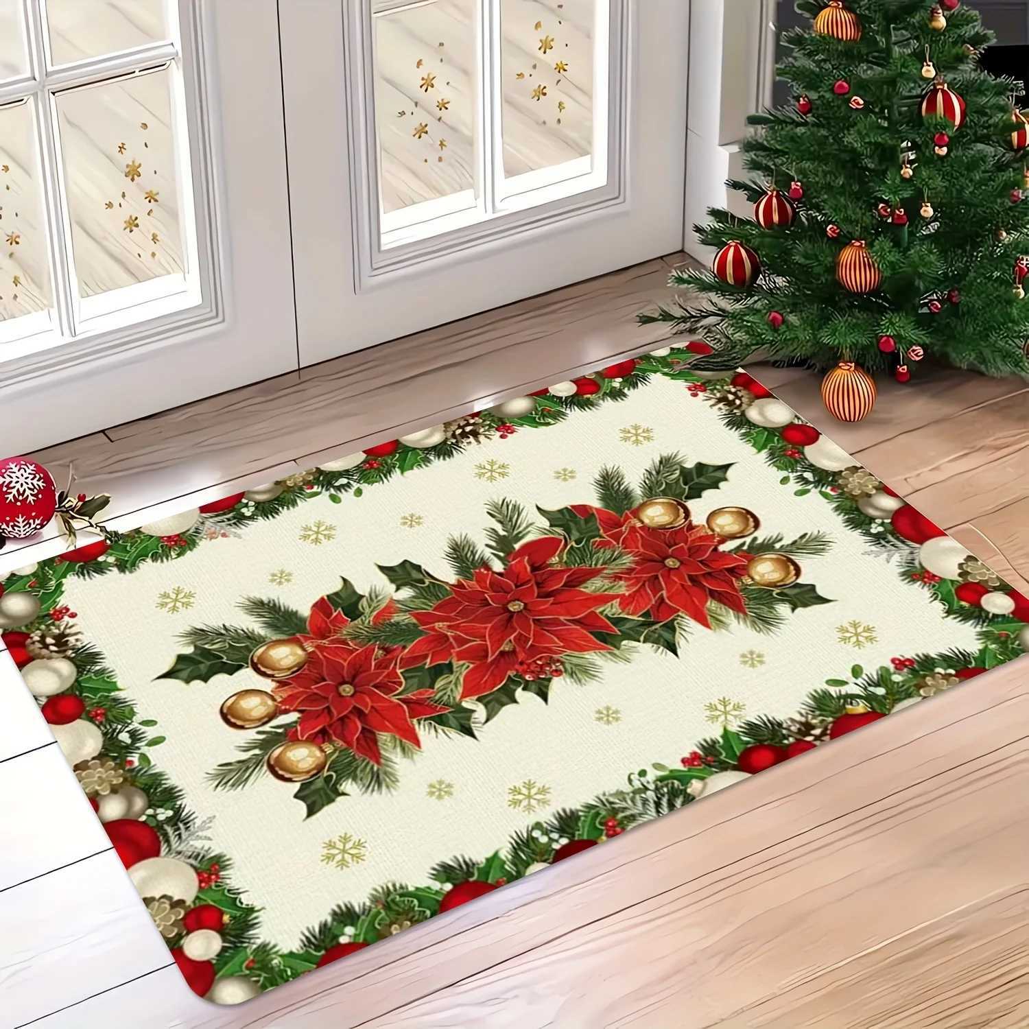 Christmas Poinsettia Holly Print Door Mat Winter Xmas Ball Snowflake Rug Bedroom Kitchen Non-slip Floor Mat Christmas DecorationM251117
