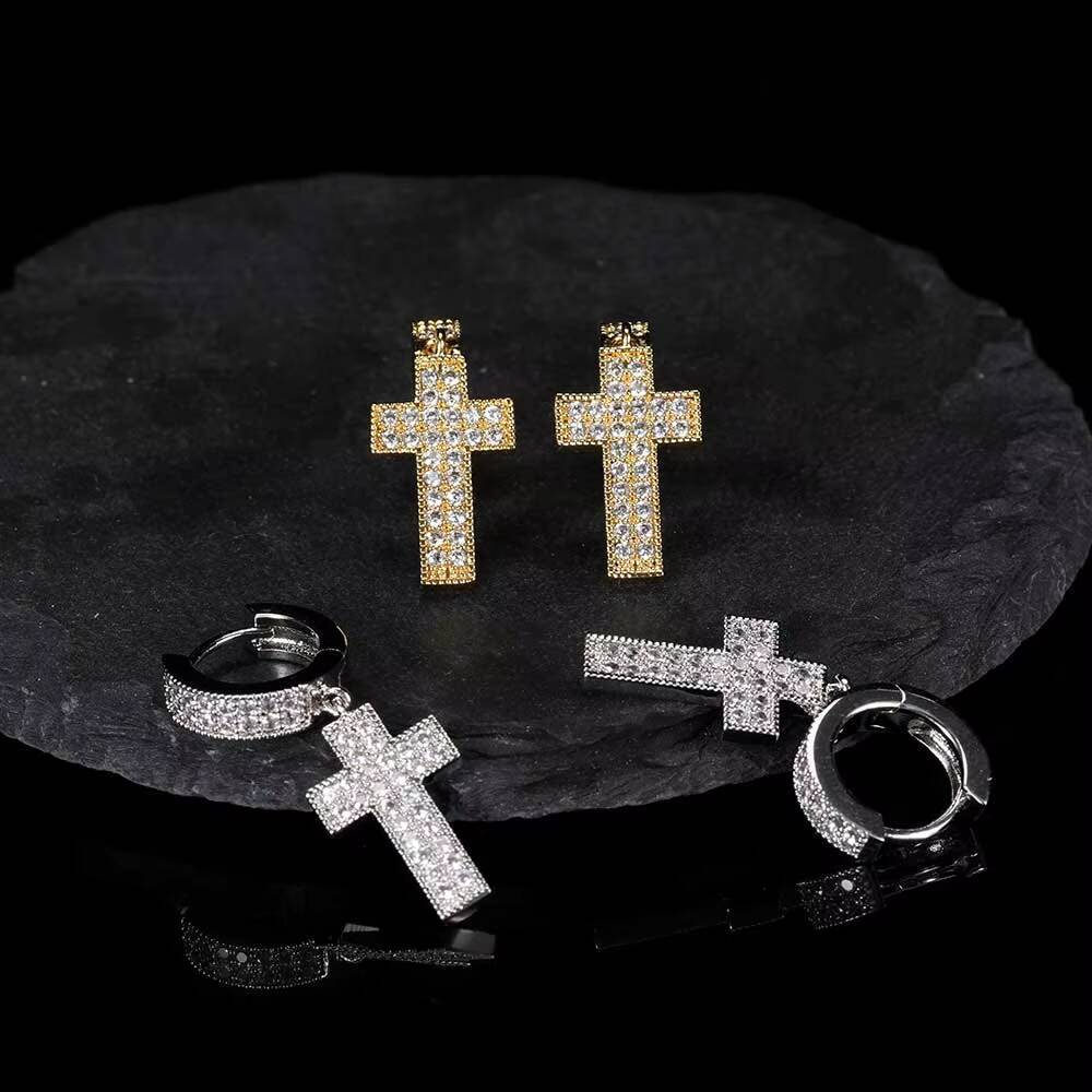 Laboratory cultivation of Moissanite Womens Iced Out Hip Hop Cross Earrings Fine Jewelry Shiny Diamond CZ Hoop Earrings
