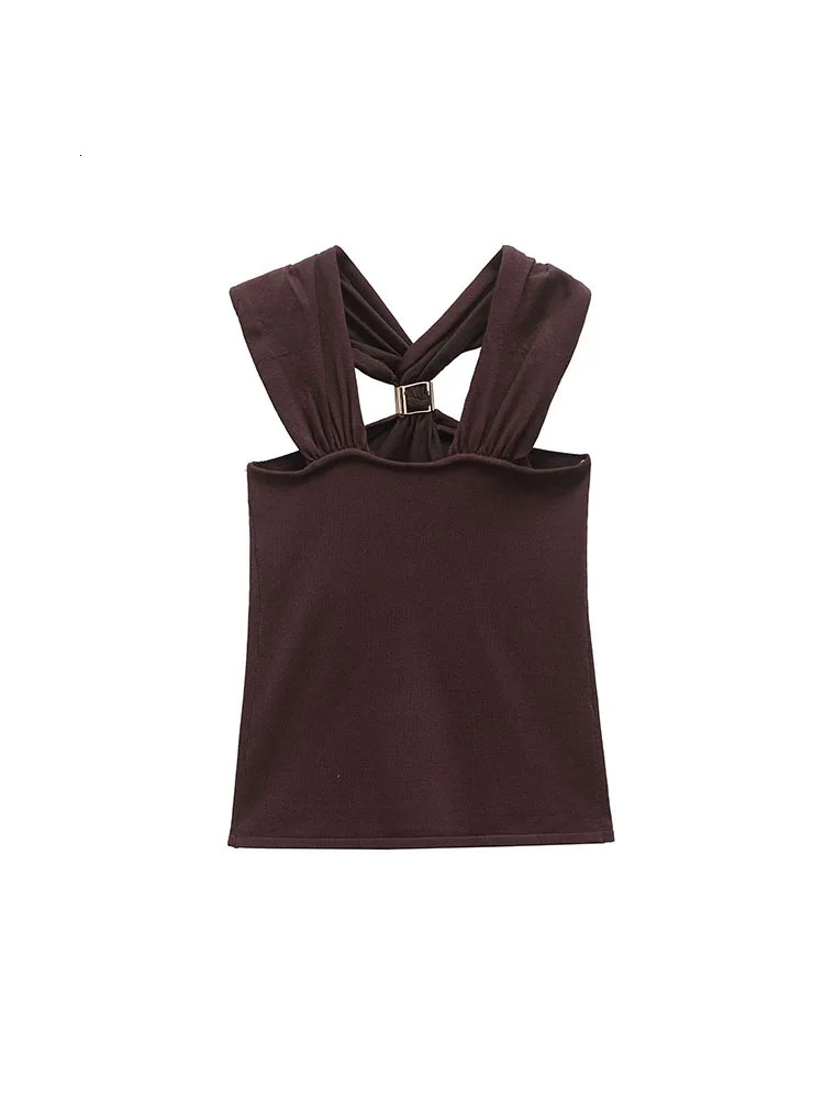 Spring Arrivals Womens Clothing Gold-embellished Wide Shoulder Fashion Temperament Halter Neck Knit Top 250417