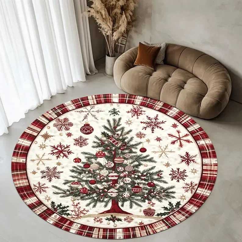 Christmas Tree Round Rug with Holiday Ornament Pattern Festive Carpet Mat for Bedroom Living Room New Year DecorM251117