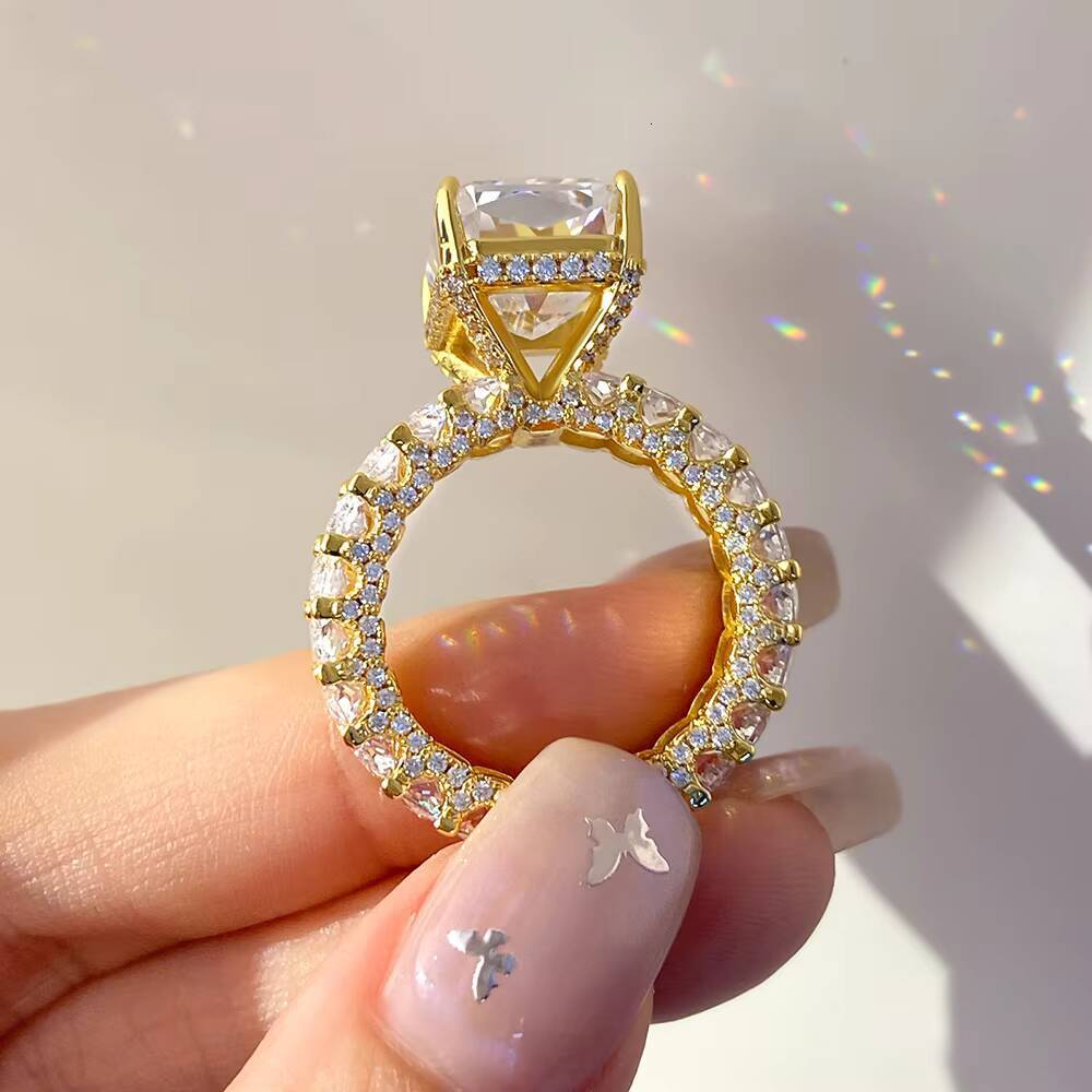 Princess Cut Cubic Zirconia Engagement Ring 925 Sterling Silver Gold Plated Classic Style with Halo Diamonds for Wedding Party