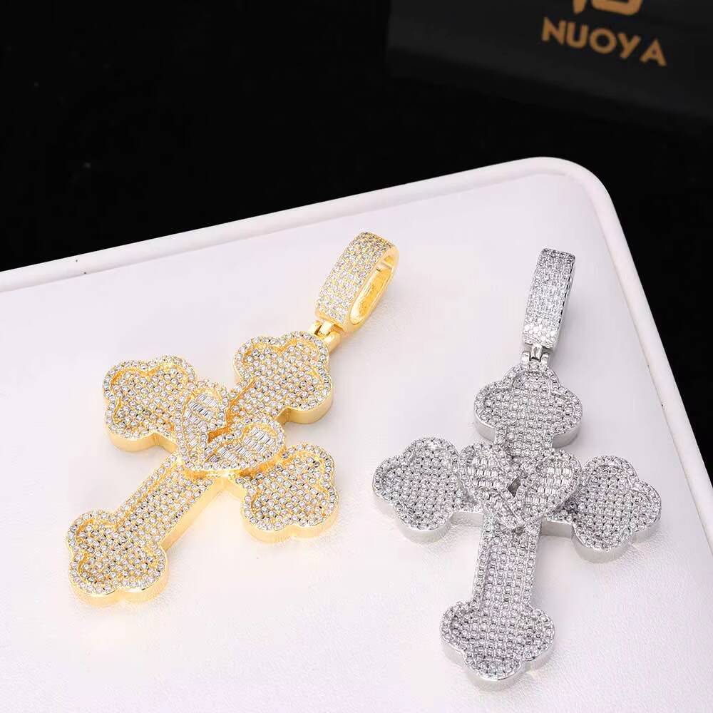 Moissanite New Style Large Cross Pendant Necklace Iced Out Jewelry Bling CZ Stone Gold Plated Heart Cross Pendant for Men Women