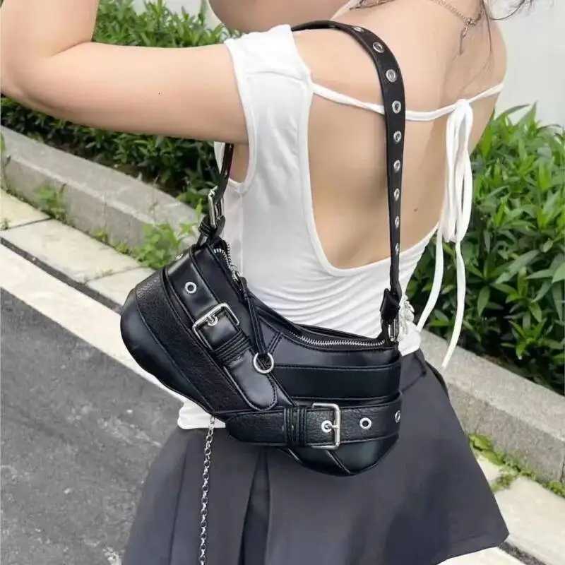 Bloom Vintage Black Underarm Bag Women High Street Hot Girls Leather Casual Y2k Handbag Female Retro Moto Biker Shoulder BagsW251115