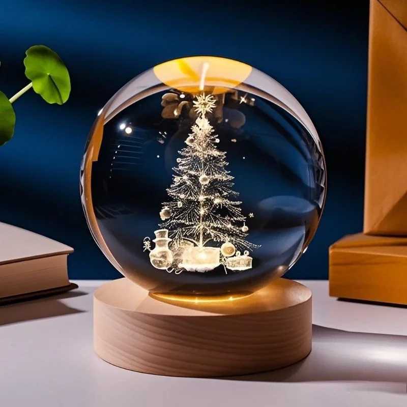 3D USB Charging Crystal Ball with Wooden Base Elk Christmas Tree Creative Desktop Decoration Light Laser Carving Christma Gift J251117