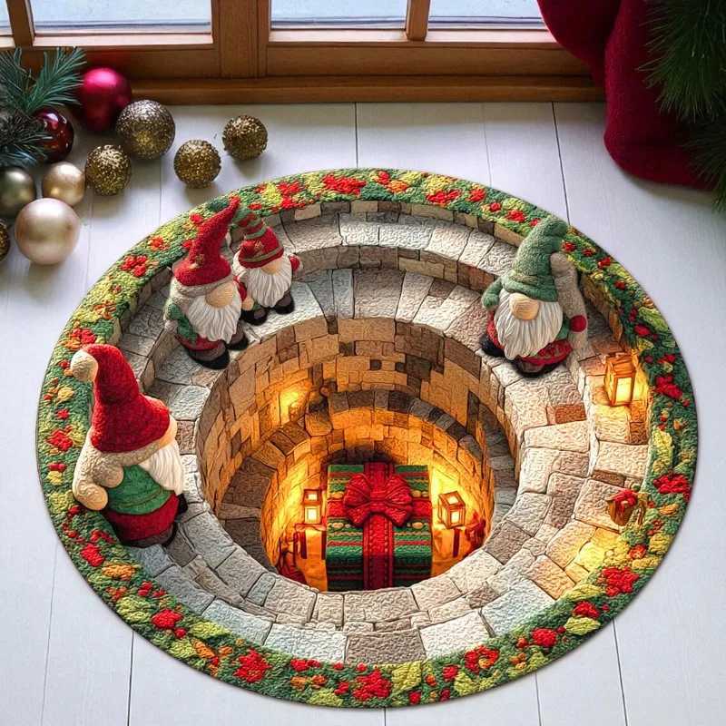 Round Rug Festive Red and Green Holiday Floor Mat for Living Room Cozy Xmas DecorM251117
