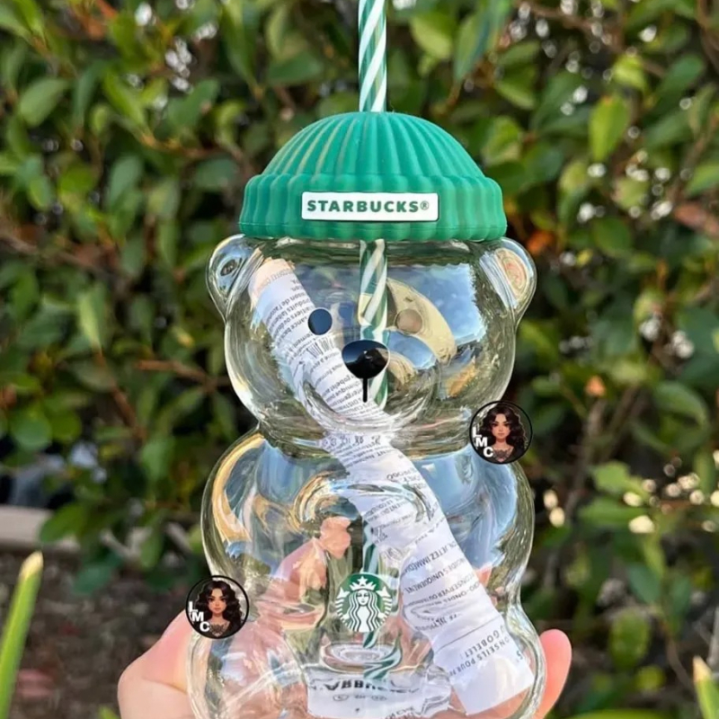 20oz Star bucks Glass Bear Cup With Straw Cute Transparent Tumbler With Hat For Iced Coffee Cold Drink Gift
