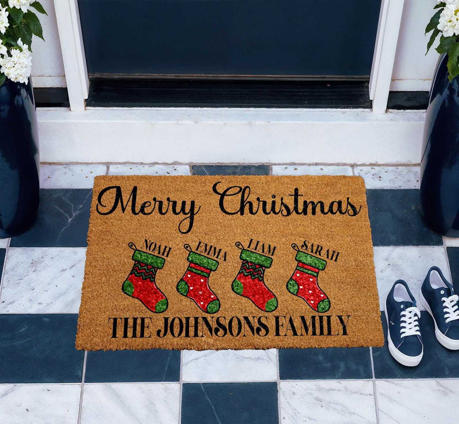 Personalized Christmas Stocking Doormat with Custom Family Names Festive Welcome Mat for Front Door Customized Gift for New HomeM251117