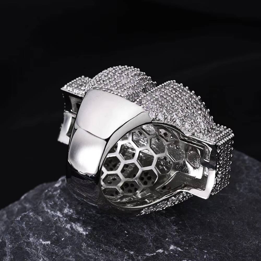 Moissanite Womens Trendy Fine Silver Plated Dollar Sign Ring Full Pave Iced Out Diamond Ring Hip Hop Party Jewelry