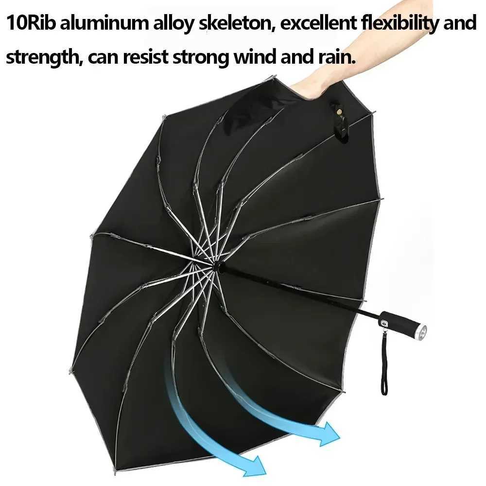 Folding Automatic Umbrella Business UV Protection Sunshade with Led Lighted Windproof Reflective Stripe Rain Umbrella Reverse C251117