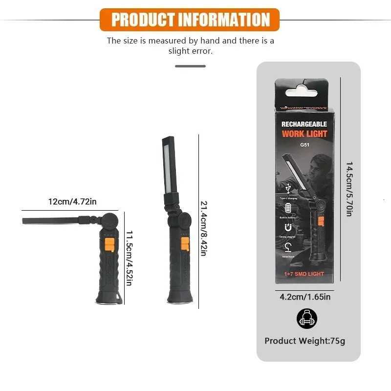 USB Flashlight Rechargeable Built-in Battery Camping Torch LED Work Light with Magnetic Base 5 Modes For Home Outdoor Camping M251117